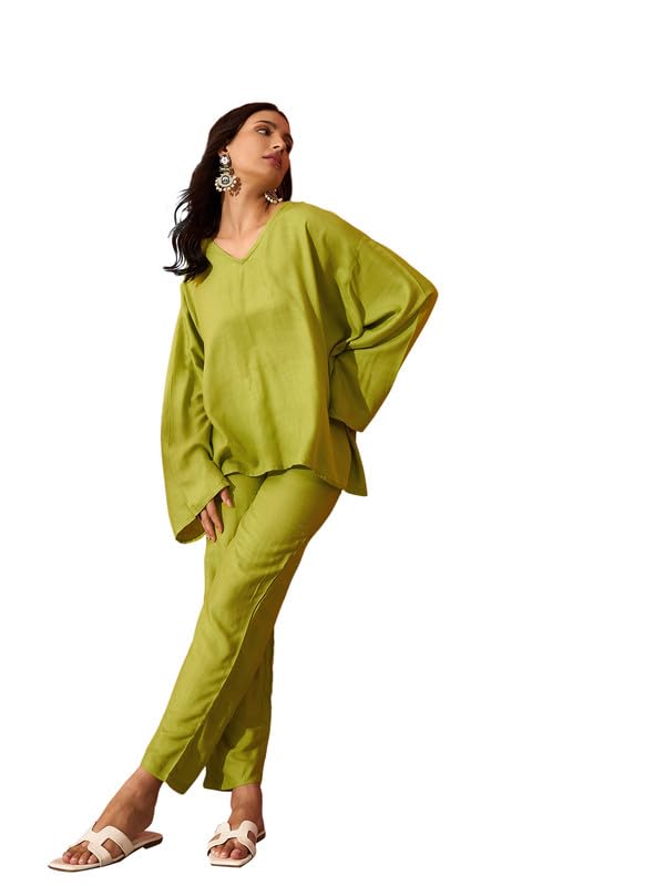 InWeave PEAR GREEN SOLID BOHO FULL SLEEVE COORD SET - Image 1