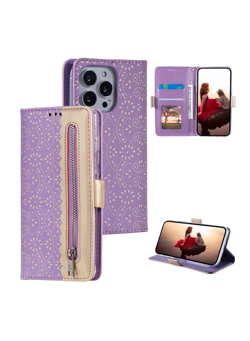 Suteni Lace Zipped Protective Leather Flip Cover Card Slots Phone Case for iPhone - Image 3