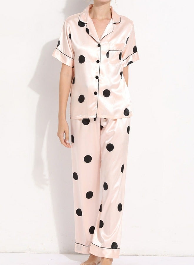 Loquat Women's Imitation Silk Polka Dots 2-Piece Set Nightgown Sleepwear Short Sleeve Lapel Top And Pants Soft Loungewear Pajamas Suit Black/Pink 