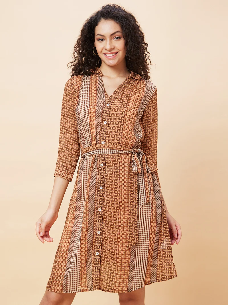 globus Women Geometric Printed Belt Detailed Shirt Collar Shirt Style Dress