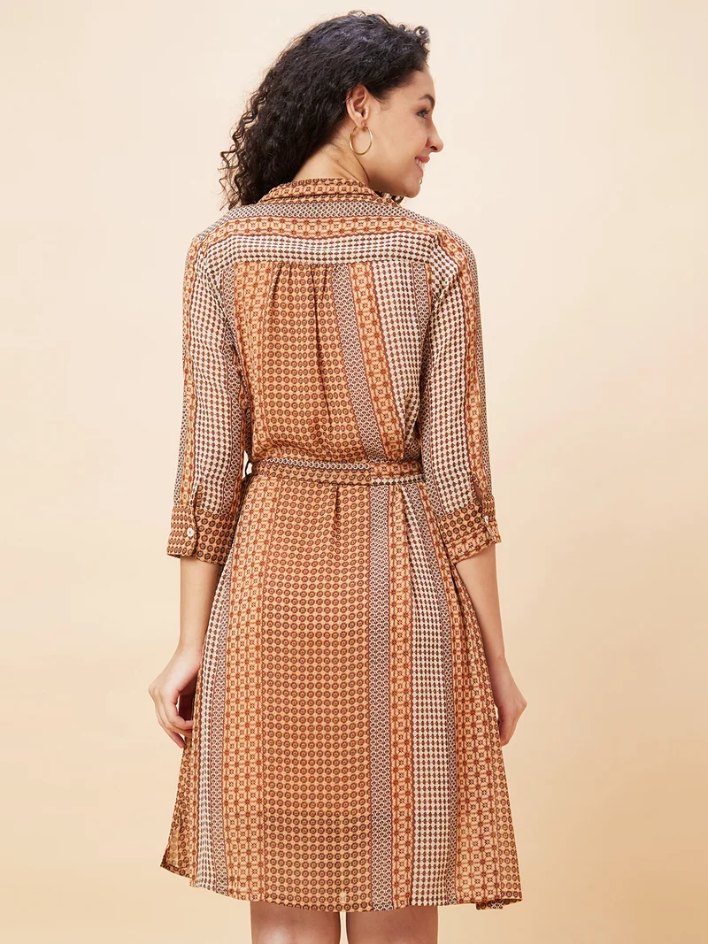 globus Women Geometric Printed Belt Detailed Shirt Collar Shirt Style Dress