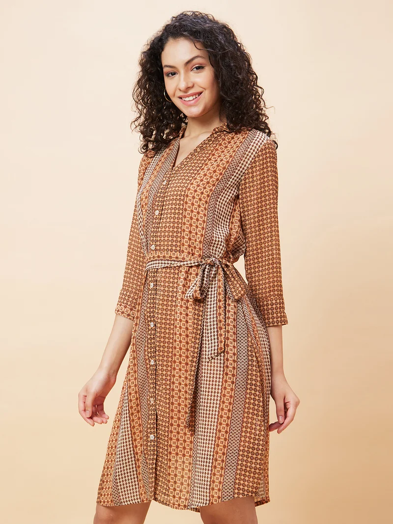 globus Women Geometric Printed Belt Detailed Shirt Collar Shirt Style Dress