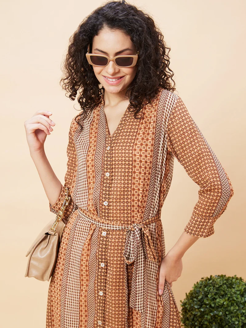 globus Women Geometric Printed Belt Detailed Shirt Collar Shirt Style Dress