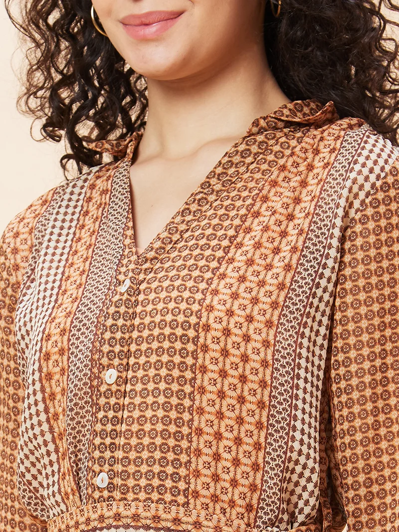 globus Women Geometric Printed Belt Detailed Shirt Collar Shirt Style Dress
