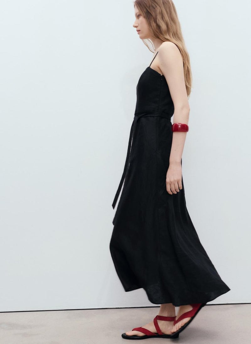 MANGO Belted Linen Midi Dress  - Image 3
