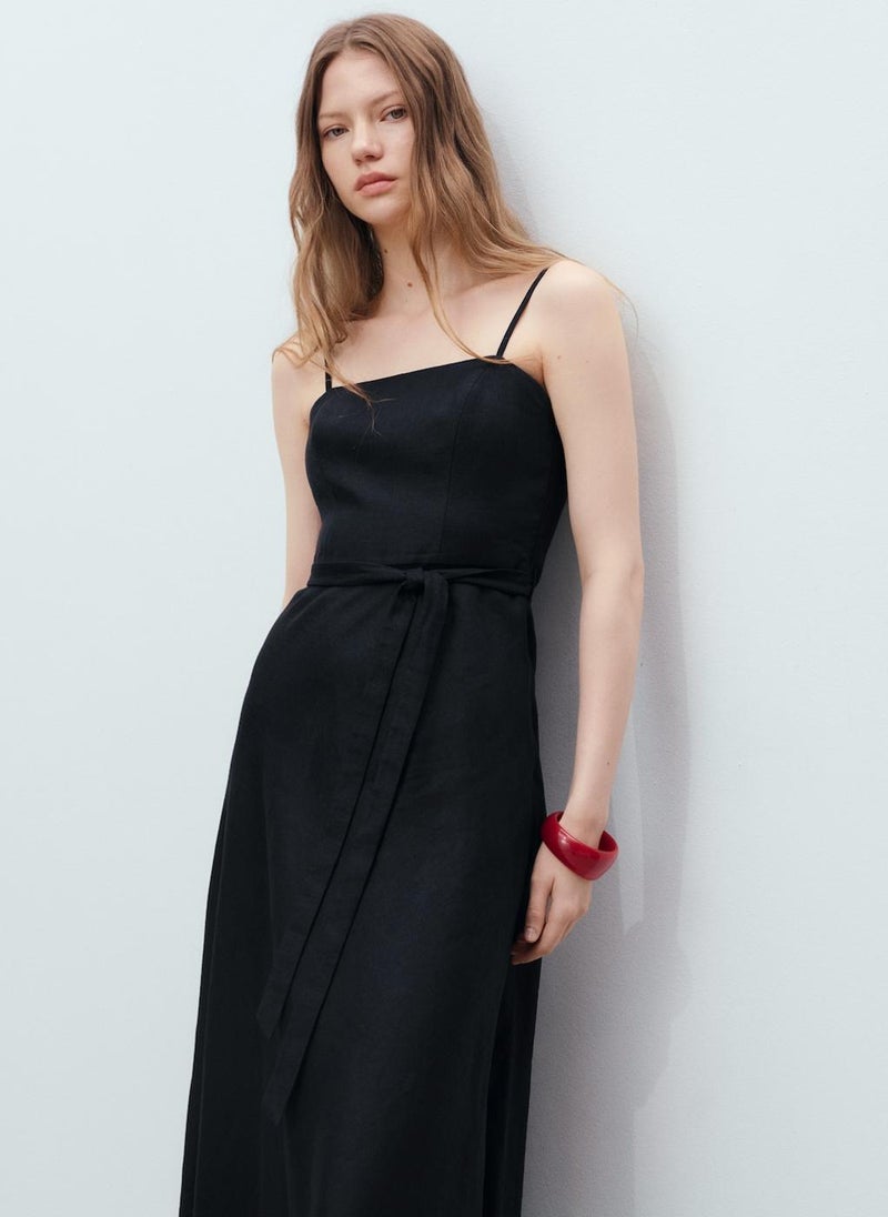 MANGO Belted Linen Midi Dress  - Image 5