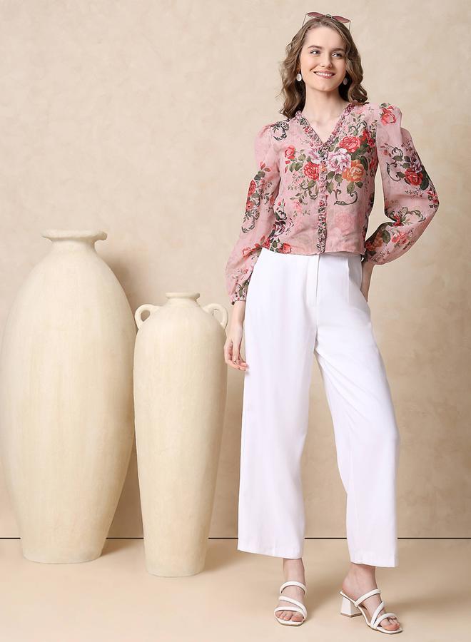 ميش بلوزة جورجيت بطبعة زهور وتفاصيل كشكش من ستايلي - Image 1