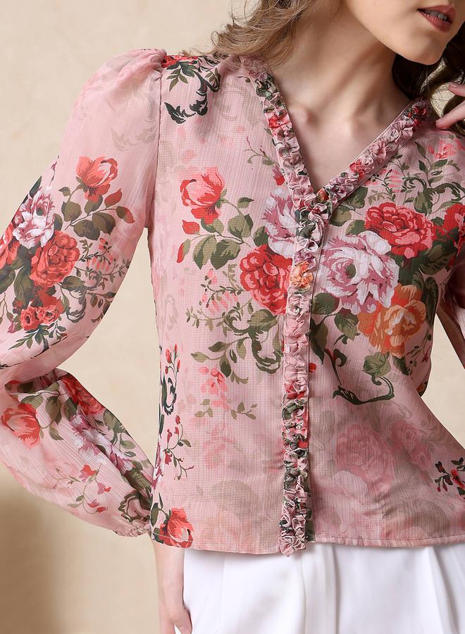 ميش بلوزة جورجيت بطبعة زهور وتفاصيل كشكش من ستايلي - Image 2