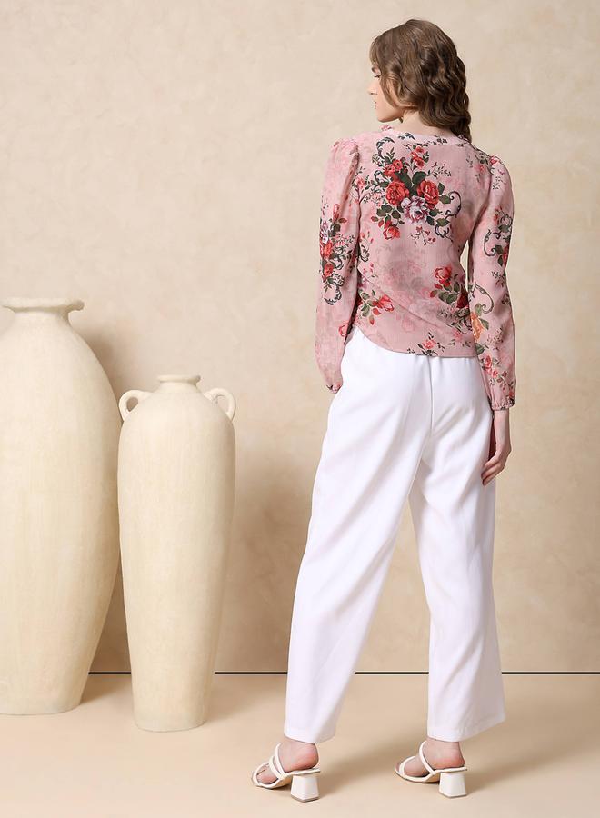 ميش بلوزة جورجيت بطبعة زهور وتفاصيل كشكش من ستايلي - Image 4