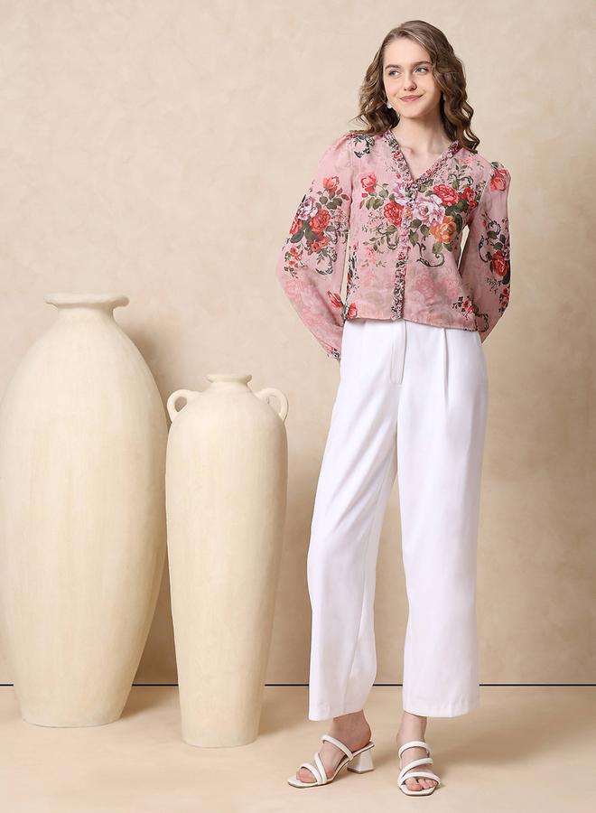 ميش بلوزة جورجيت بطبعة زهور وتفاصيل كشكش من ستايلي - Image 5