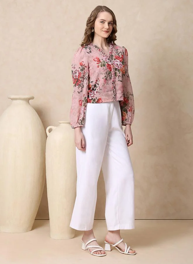 Mish Georgette Floral Print Top with Ruffle Detail by Styli
