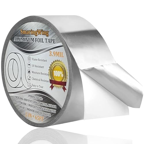 SmaringWing Aluminum Foil Duct Tape Heavy Duty Waterproof, Premium Silver Metal HVAC Heat Tapes (2"*65Feet,3.9mil), High Temperature, Dryer Vent Insulation Tape for Ductwork, Ducting, Sealing, Patching, Furnace - Image 1