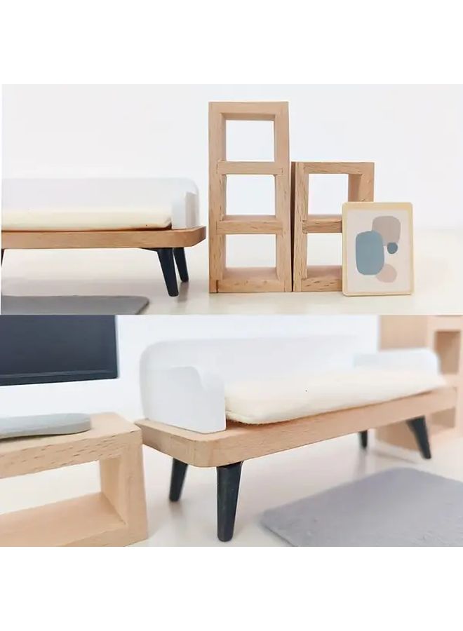 Scandinavian Style Wooden Toy Set Living Room Mini Furniture For Kids Dollhouse - Image 4