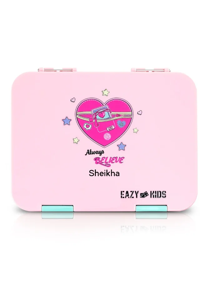 إيزي كيدز Eazy Kids Personalized 6 & 4 Convertible Bento Lunch Box w/Steel Spoon & Fork Set - Always Believe Pink