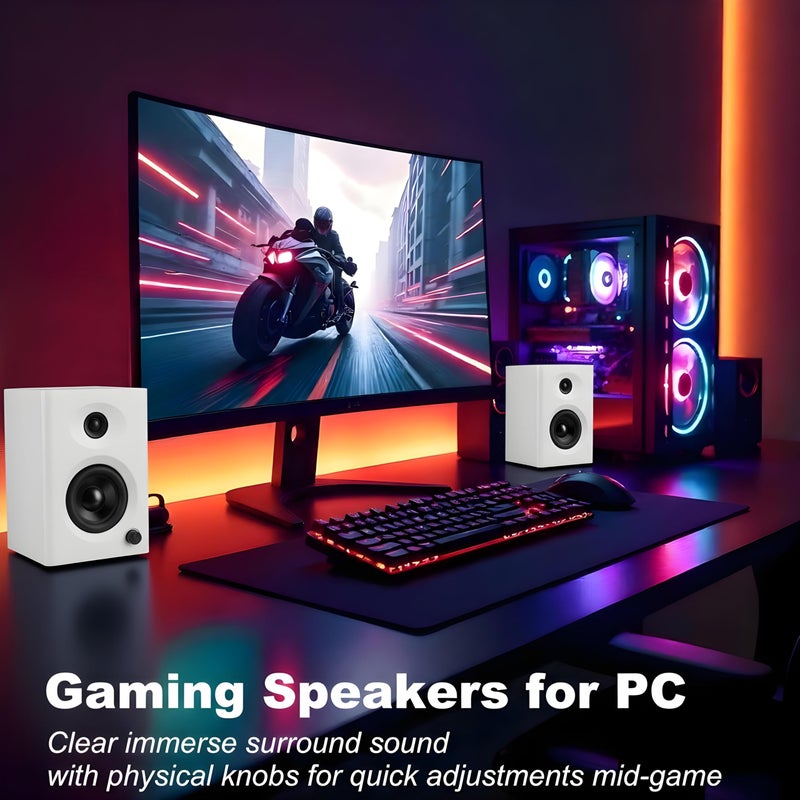 NSY Audio Computer Speakers for Desktop PC, 60W Bluetooth Surround Sound Speakers with Bass, Compact Powered Bookshelf Speakers for Office, Monitors, Laptop, Gaming, TV, Gifts (White, Pair) - Image 2