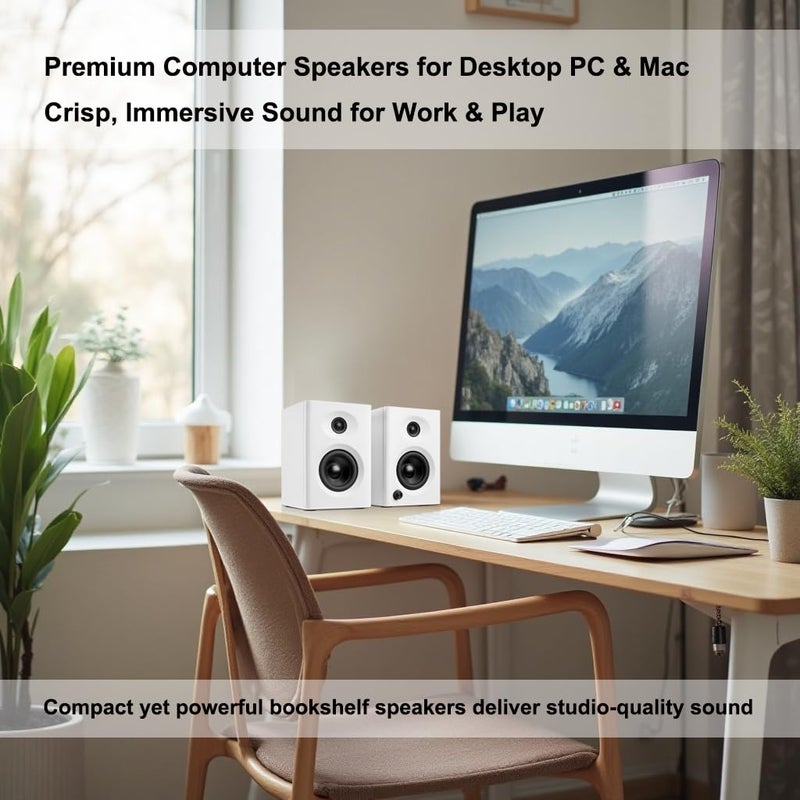 NSY Audio Computer Speakers for Desktop PC, 60W Bluetooth Surround Sound Speakers with Bass, Compact Powered Bookshelf Speakers for Office, Monitors, Laptop, Gaming, TV, Gifts (White, Pair) - Image 3