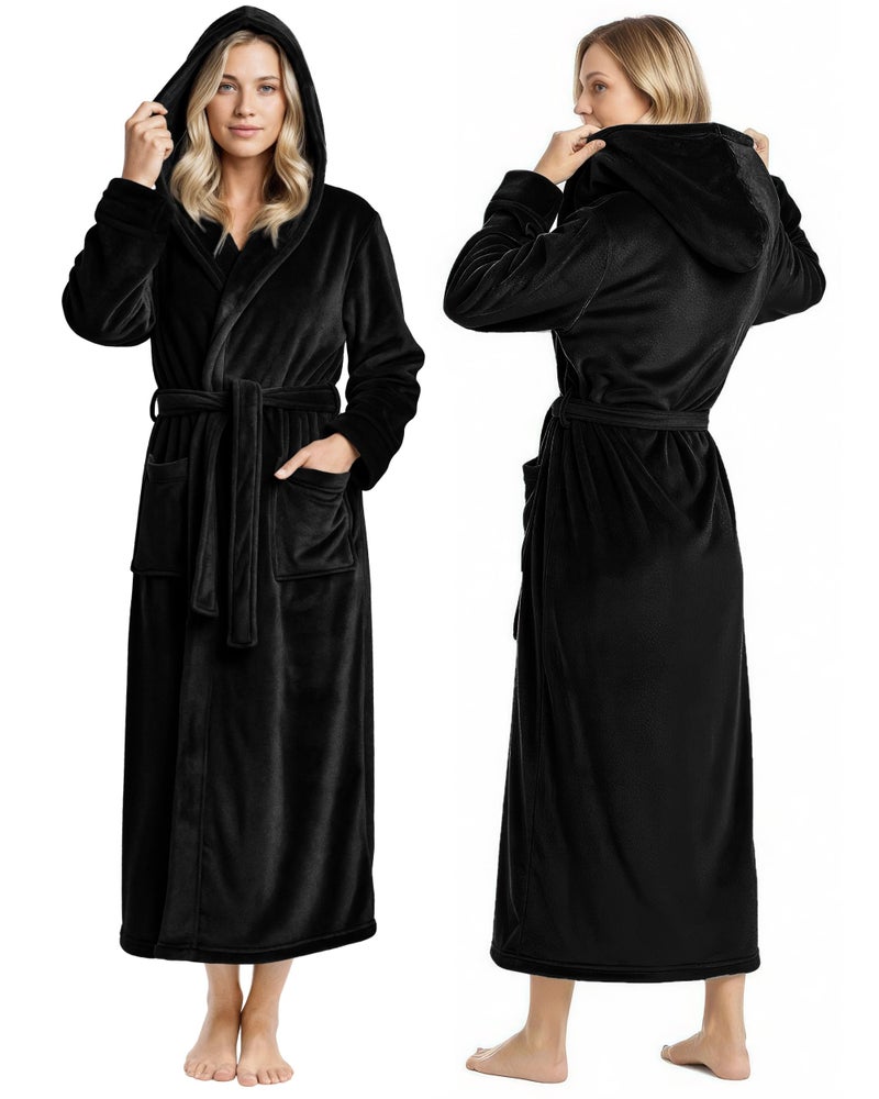 NY Threads Premium Womens Robe with Hood, Plush Fleece Long Bath Robe for Women, Fluffy Soft Women's Bathrobe, Large, Black - Image 1