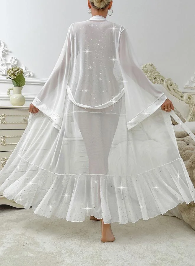 Take Two  White Embellished Long Sleeve Mesh Robe for Women | Best Price UAE