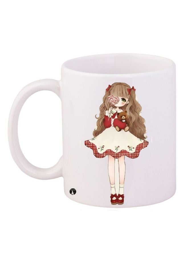 Girl With Teddy Bear Printed Coffee Mug White/Brown/Red 11ounce