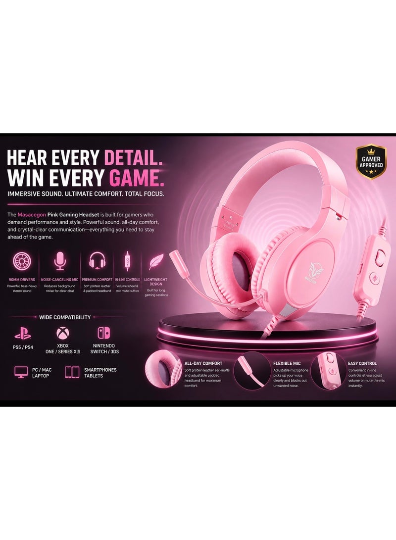 MASACEGON H-10 Pink Gaming Headset for PS5, PS4, Xbox Series X/S, PC & Nintendo Switch – Wired Gaming Headphones with Noise Cancelling Mic, 50MM Stereo Bass Drivers, Soft Memory Ear Cushions & 3.5MM Audio Jack - Image 3