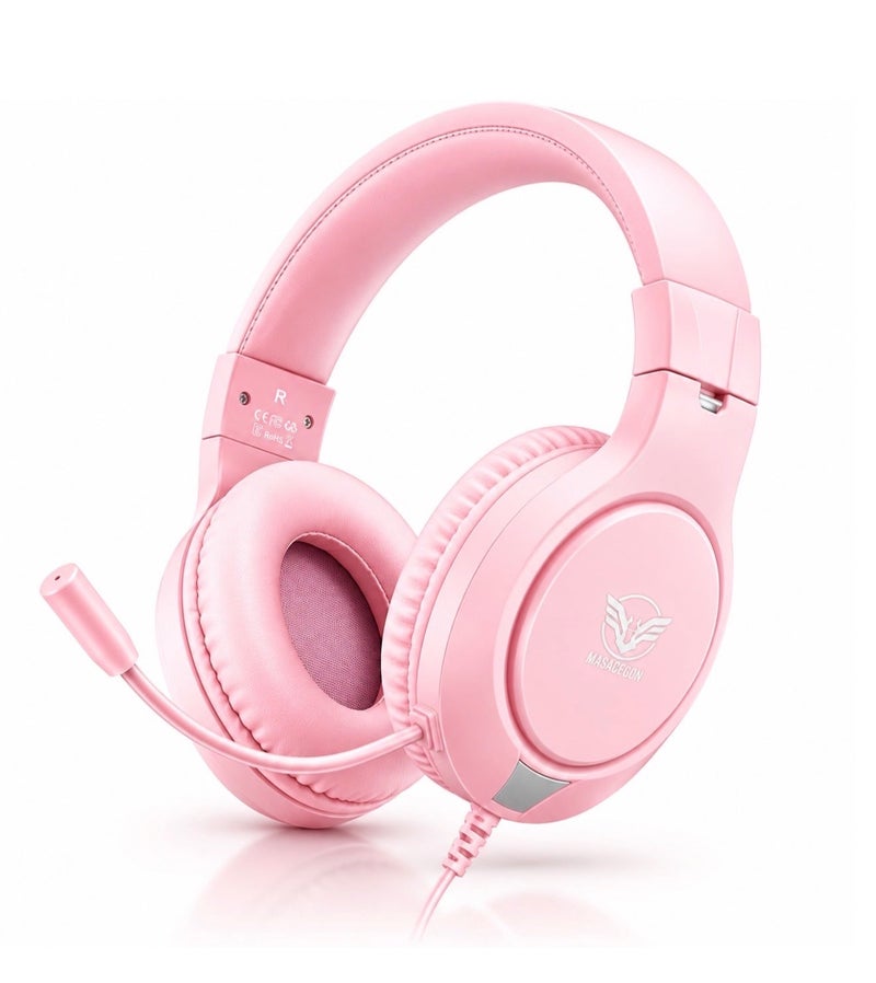 MASACEGON H-10 Pink Gaming Headset for PS5, PS4, Xbox Series X/S, PC & Nintendo Switch – Wired Gaming Headphones with Noise Cancelling Mic, 50MM Stereo Bass Drivers, Soft Memory Ear Cushions & 3.5MM Audio Jack - Image 2