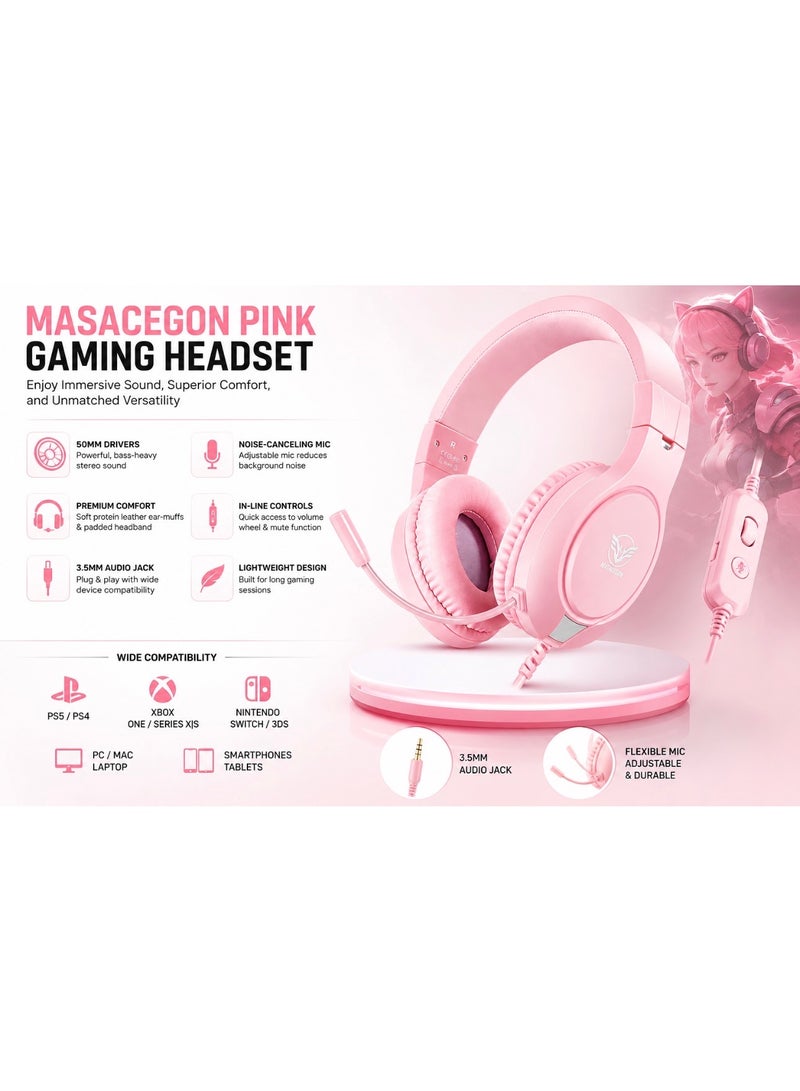 MASACEGON H-10 Pink Gaming Headset for PS5, PS4, Xbox Series X/S, PC & Nintendo Switch – Wired Gaming Headphones with Noise Cancelling Mic, 50MM Stereo Bass Drivers, Soft Memory Ear Cushions & 3.5MM Audio Jack - Image 4