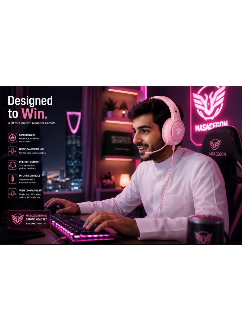 MASACEGON H-10 Pink Gaming Headset for PS5, PS4, Xbox Series X/S, PC & Nintendo Switch – Wired Gaming Headphones with Noise Cancelling Mic, 50MM Stereo Bass Drivers, Soft Memory Ear Cushions & 3.5MM Audio Jack - Image 5