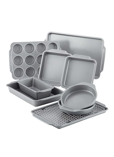 Farberware Nonstick Steel Bakeware Set with Cooling Rack Baking Pan and Cookie Sheet Set with Nonstick Bread Pan and Cooling Grid 10Piece Set Gray