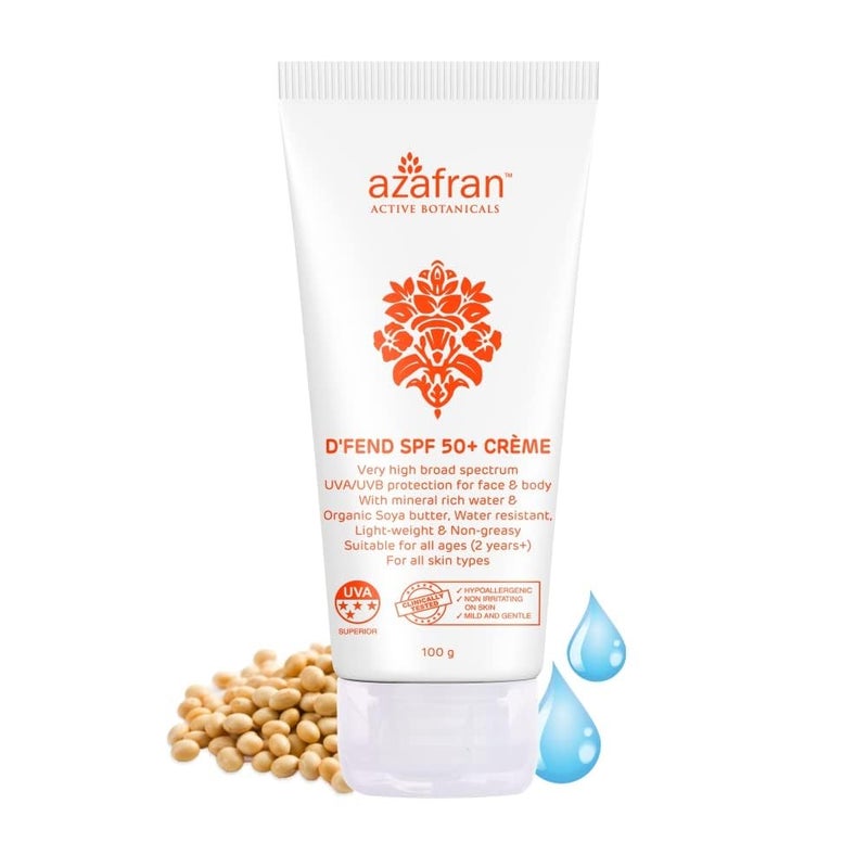Azafran Organics Dfend SPF 50 Sunscreen 100g UVAUVB Sun Protection  Body Lotion NonGreasy Moisturizer for Dry Skin No White Cast Water Resistant Ideal Sunscreen for Oily Skin Suitable for Men Women  Kids of All Ages For Body  Face - Image 1
