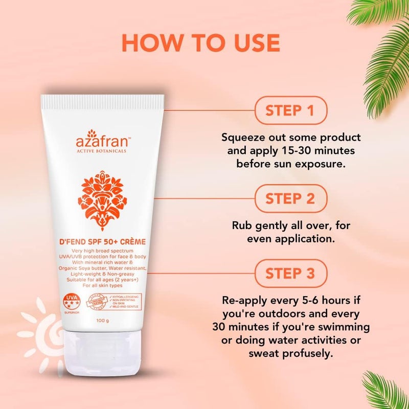 Azafran Organics Dfend SPF 50 Sunscreen 100g UVAUVB Sun Protection  Body Lotion NonGreasy Moisturizer for Dry Skin No White Cast Water Resistant Ideal Sunscreen for Oily Skin Suitable for Men Women  Kids of All Ages For Body  Face - Image 5