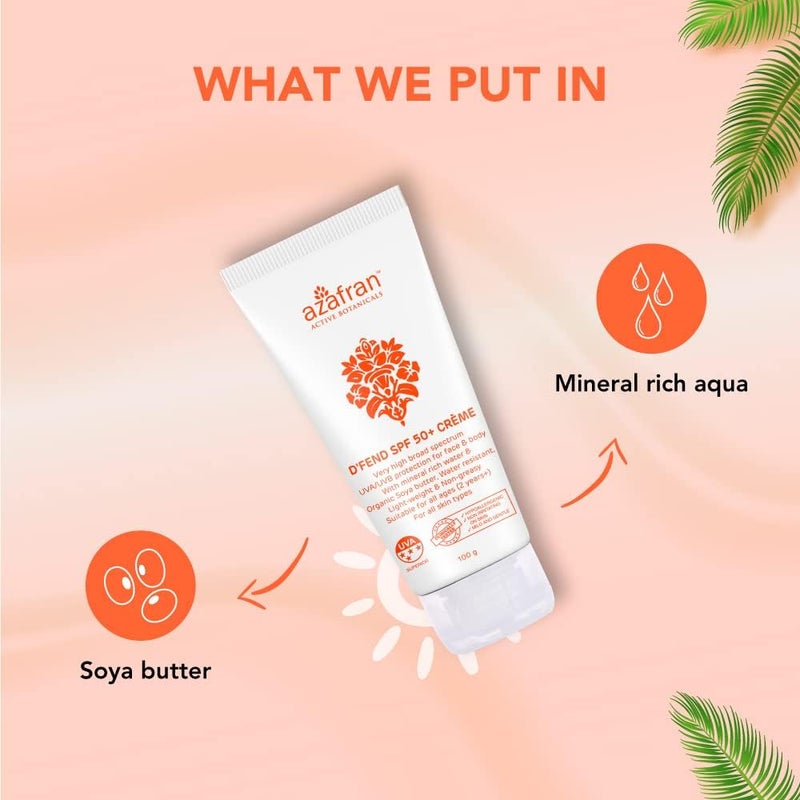 Azafran Organics Dfend SPF 50 Sunscreen 100g UVAUVB Sun Protection  Body Lotion NonGreasy Moisturizer for Dry Skin No White Cast Water Resistant Ideal Sunscreen for Oily Skin Suitable for Men Women  Kids of All Ages For Body  Face - Image 4