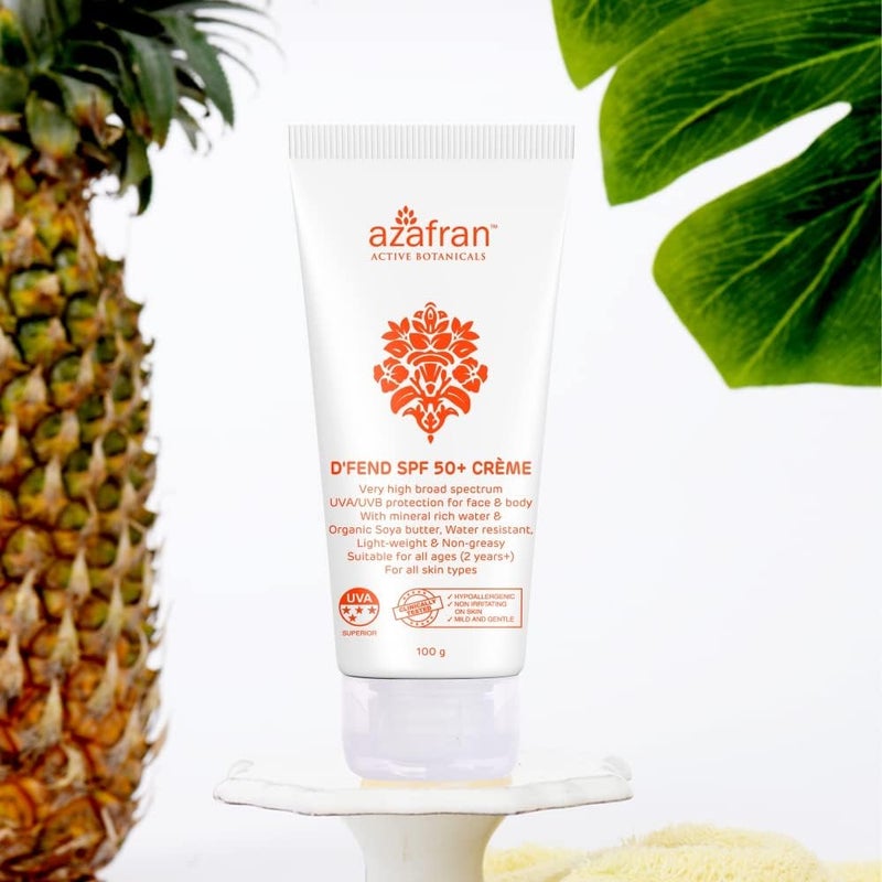 Azafran Organics Dfend SPF 50 Sunscreen 100g UVAUVB Sun Protection  Body Lotion NonGreasy Moisturizer for Dry Skin No White Cast Water Resistant Ideal Sunscreen for Oily Skin Suitable for Men Women  Kids of All Ages For Body  Face - Image 3