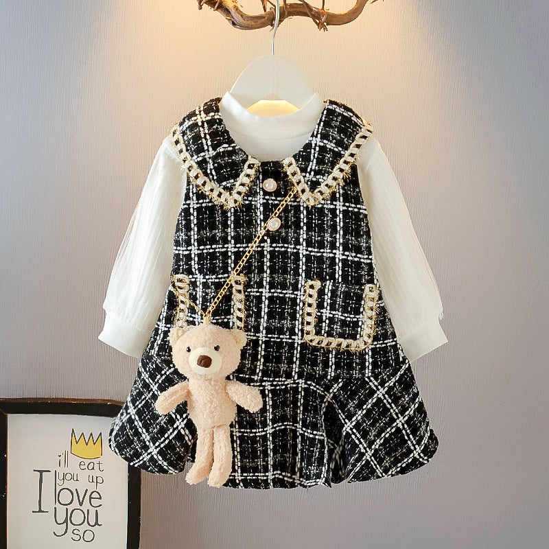 Girls Plush Twinset Dress Set Autumn Spring Black