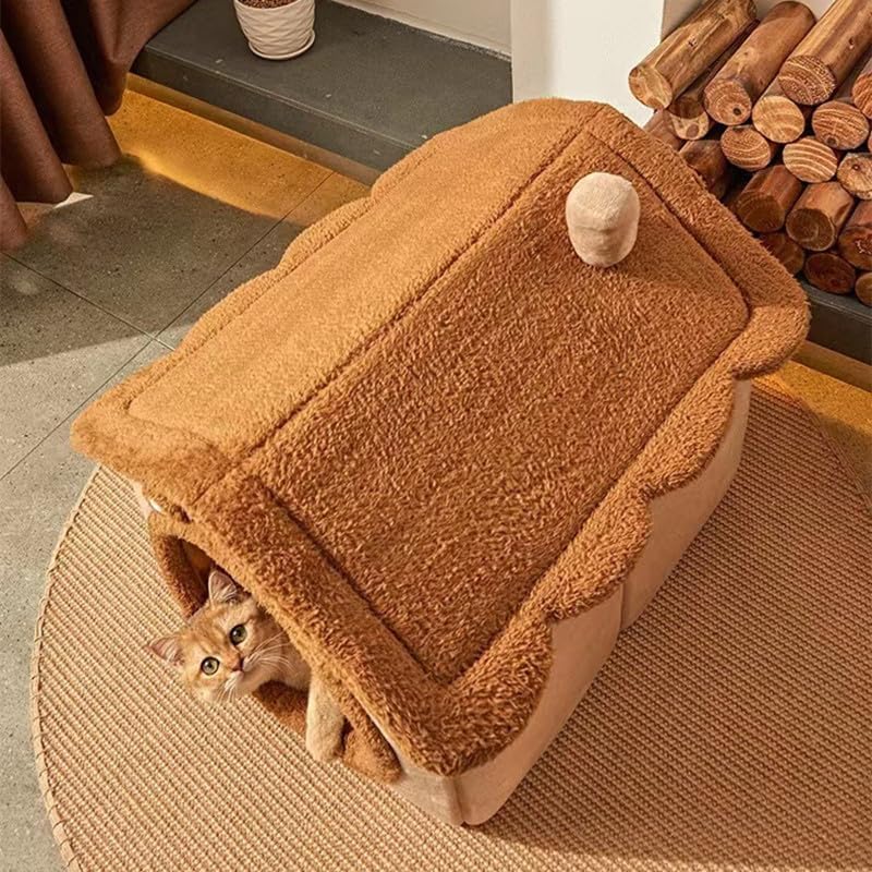Fluffy Cat House Dog Bed, Cat Cave Nest Soft Warm Puppy Tent with Removable Washable Cushion Cute Pet House for Cat and Dog (Yellow, M) - Image 4
