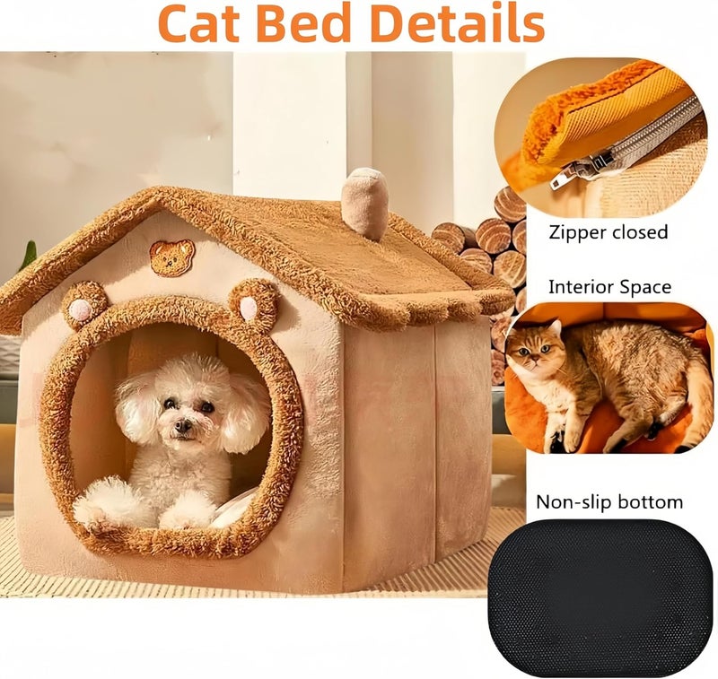 Fluffy Cat House Dog Bed, Cat Cave Nest Soft Warm Puppy Tent with Removable Washable Cushion Cute Pet House for Cat and Dog (Yellow, M) - Image 2