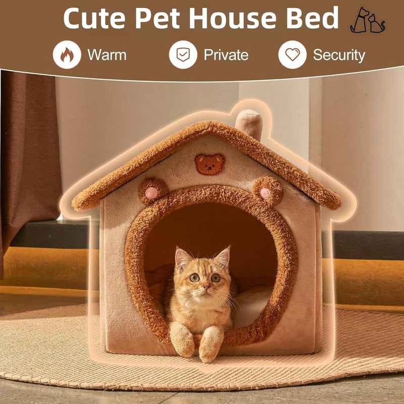 Fluffy Cat House Dog Bed, Cat Cave Nest Soft Warm Puppy Tent with Removable Washable Cushion Cute Pet House for Cat and Dog (Yellow, M) - Image 3