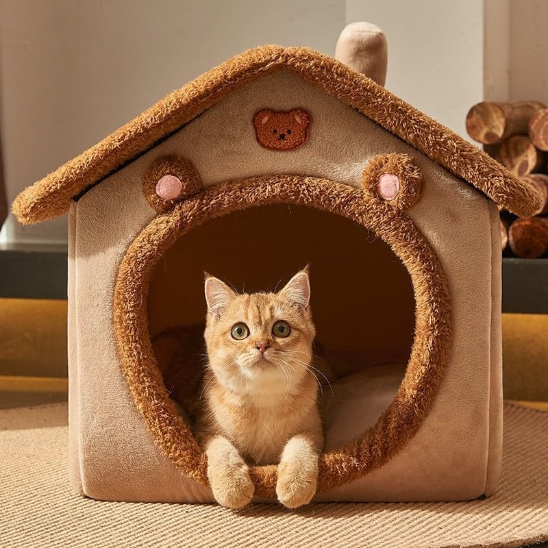 Fluffy Cat House Dog Bed, Cat Cave Nest Soft Warm Puppy Tent with Removable Washable Cushion Cute Pet House for Cat and Dog (Yellow, M) - Image 1