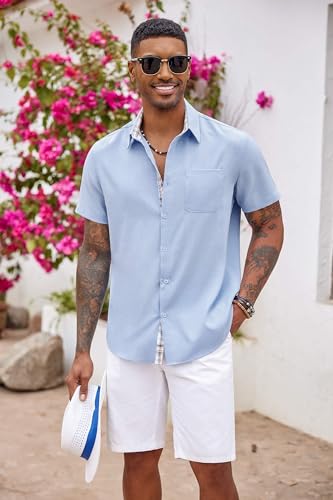 COOFANDY Mens Summer Shirt Short Sleeve Button Down Shirts Beach Weeding Outfit Clear Blue - Image 3