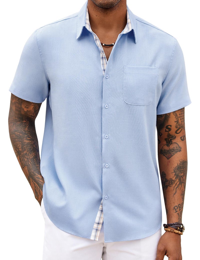 COOFANDY Mens Summer Shirt Short Sleeve Button Down Shirts Beach Weeding Outfit Clear Blue - Image 2
