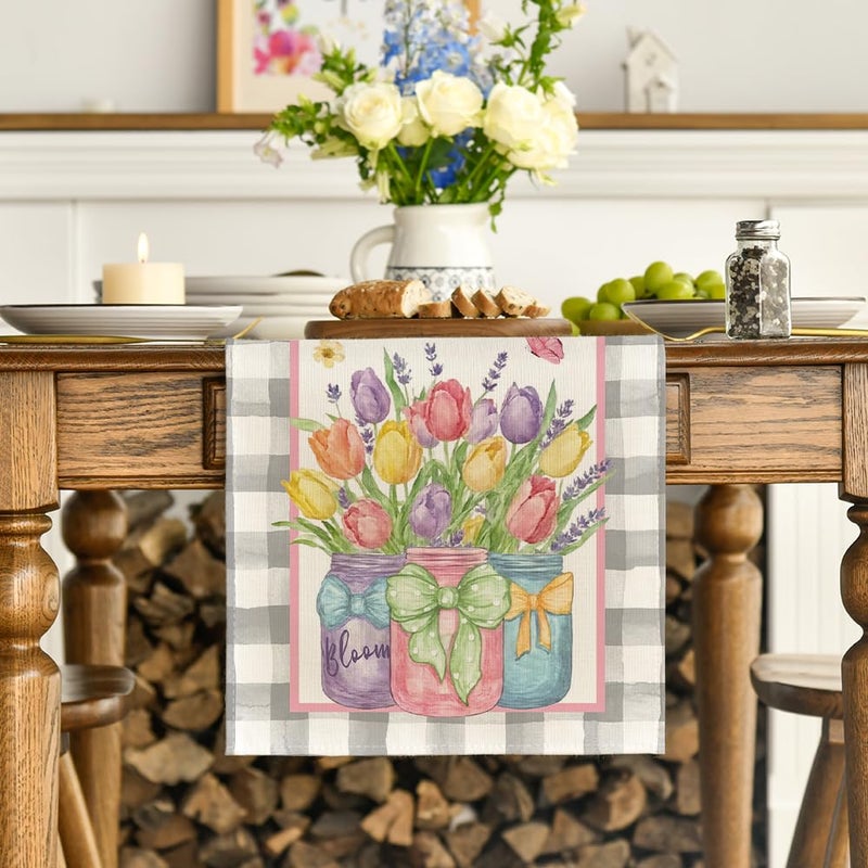 Artoid Mode Buffalo Plaid Vase Lavender Tulip Spring Table Runner, Seasonal Kitchen Dining Table Decoration for Home Party Decor 13x72 Inch - Image 2