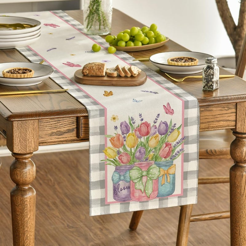 Artoid Mode Buffalo Plaid Vase Lavender Tulip Spring Table Runner, Seasonal Kitchen Dining Table Decoration for Home Party Decor 13x72 Inch - Image 3