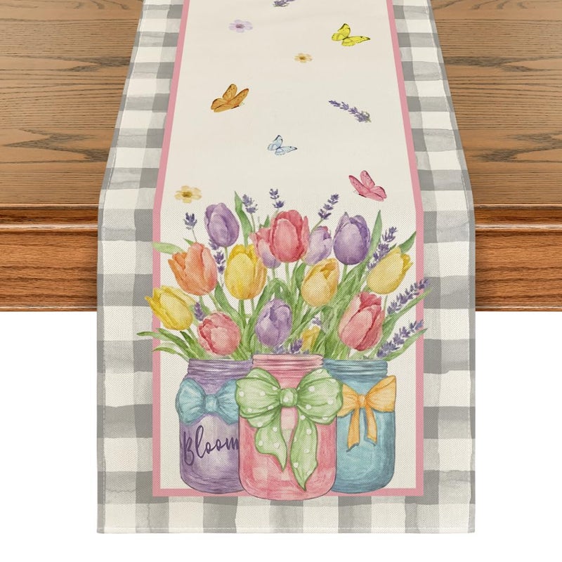 Artoid Mode Buffalo Plaid Vase Lavender Tulip Spring Table Runner, Seasonal Kitchen Dining Table Decoration for Home Party Decor 13x72 Inch - Image 1