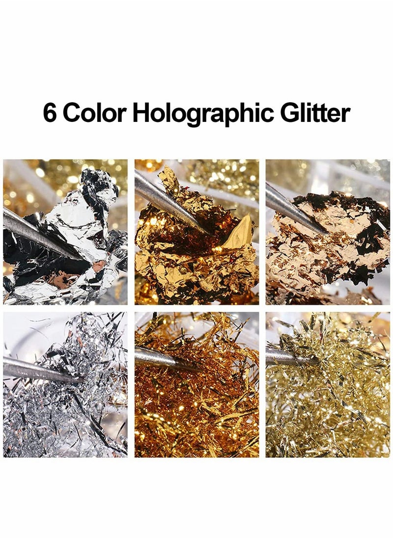 Excefore Nail Art Foil Flakes, 6 Colors Nail Foil Flakes Glitters, Foil Nail Chip Glitter Mixed Color Nail Foil Paillette 3D Glitter Decoration DIY Design Accessories for Nail DIY/Makeup/Graft/Nail Art  - Image 2