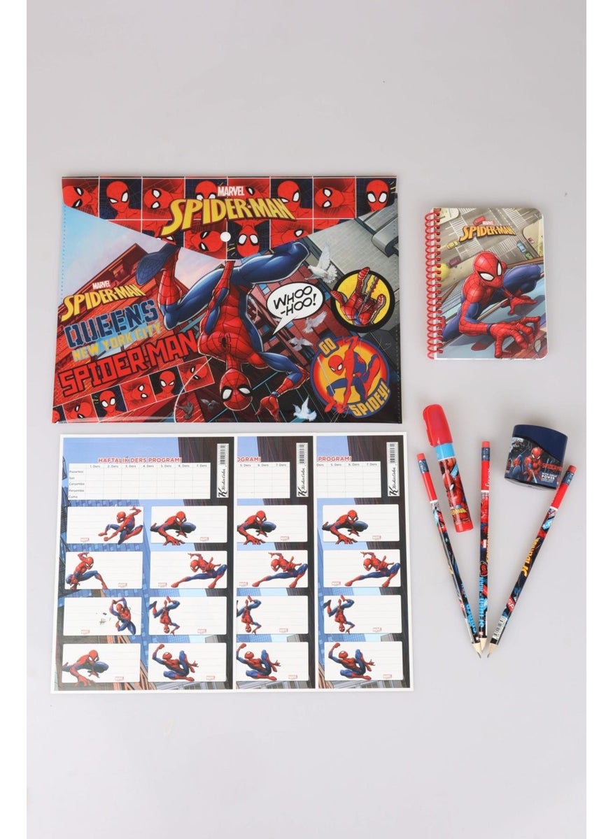 SPIDERMAN Licensed 10 Piece Stationery Set, Snap File, School Label, Memo Pad, 3 Pencils, Pencil Sharpener, Rocket Eraser  - Image 1