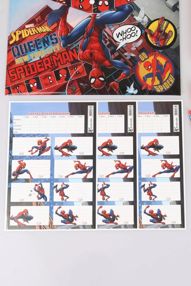 SPIDERMAN Licensed 10 Piece Stationery Set, Snap File, School Label, Memo Pad, 3 Pencils, Pencil Sharpener, Rocket Eraser