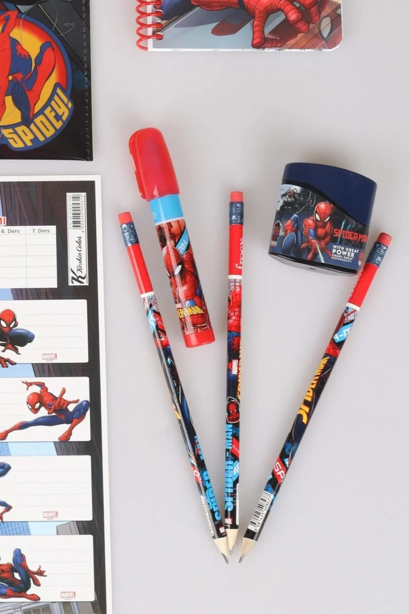 SPIDERMAN Licensed 10 Piece Stationery Set, Snap File, School Label, Memo Pad, 3 Pencils, Pencil Sharpener, Rocket Eraser