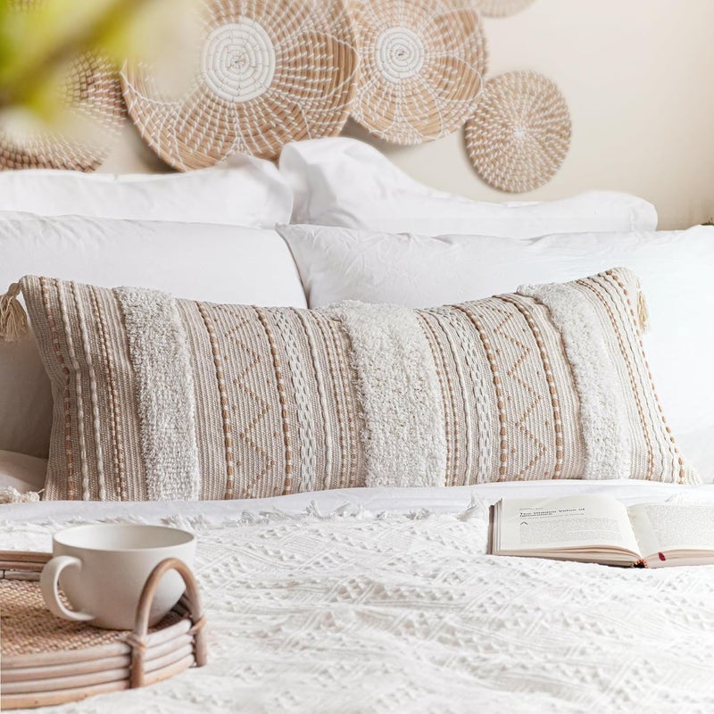 BlissBlush Cream Boho Lumbar Throw Pillow Cover 14x36 inch, Decorative Long Pillow for Bed, Acccent Lumbar Pillow Case for Couch, Farmhouse Textured Body Lumbar Pillow, Cover ONLY - Image 1