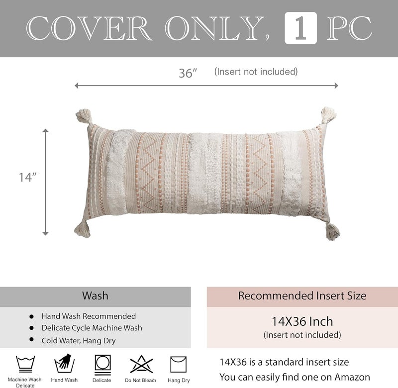 BlissBlush Cream Boho Lumbar Throw Pillow Cover 14x36 inch, Decorative Long Pillow for Bed, Acccent Lumbar Pillow Case for Couch, Farmhouse Textured Body Lumbar Pillow, Cover ONLY - Image 4