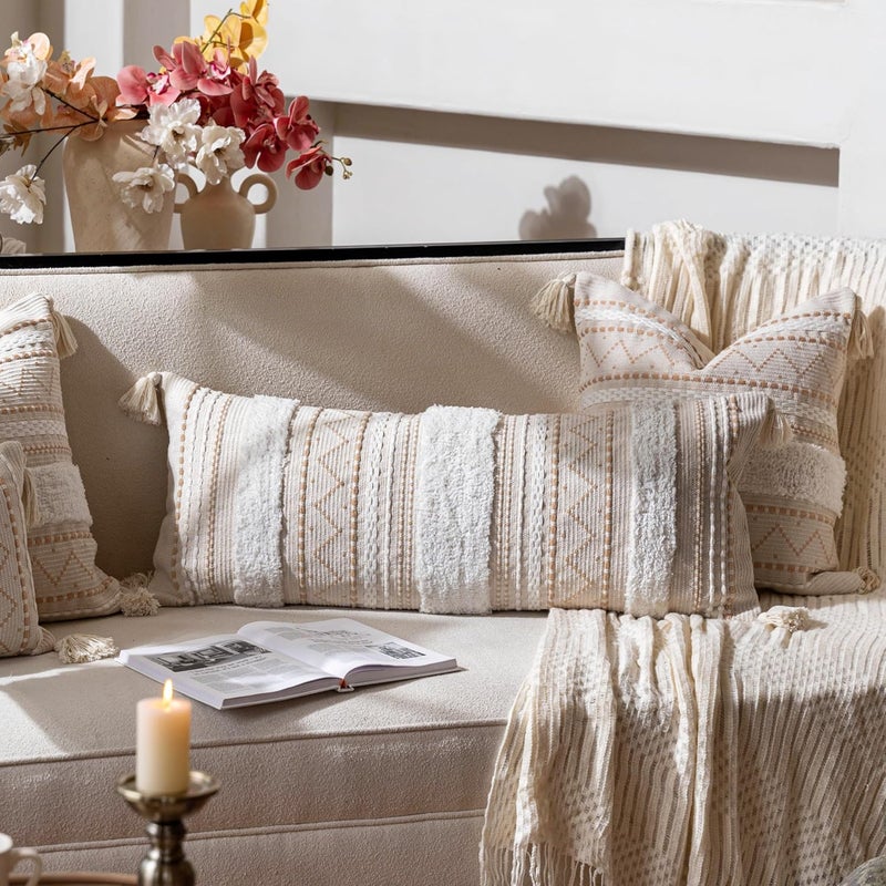 BlissBlush Cream Boho Lumbar Throw Pillow Cover 14x36 inch, Decorative Long Pillow for Bed, Acccent Lumbar Pillow Case for Couch, Farmhouse Textured Body Lumbar Pillow, Cover ONLY - Image 3