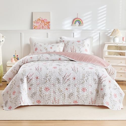 Joyreap 2 Pieces Cotton Quilt Set for Girls, Twin Size Pink Floral Design, Cozy Lightweight Quilt Bedspread Bed Cover for All Season, 1 Quilt and 1 Pillow Sham- 68x86 inches - Image 2
